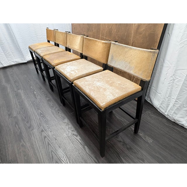 Camel Rh Saddle Hair-on-Hide Counter Stools – Set of 5 Designed by Barlas Baylar | Camel Hair-on-Hide | Black Oak Finish For Sale - Image 8 of 16
