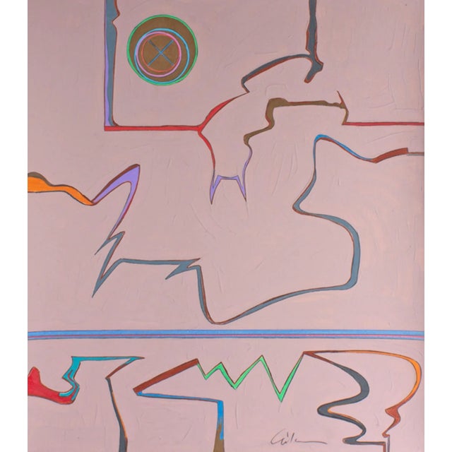 A 1980s abstract mixed media painting by the American artist Harry Hilson (1935-2004). This abstract work features a pink...