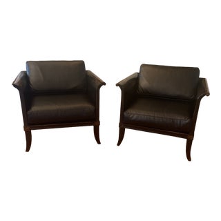Neoclassical Style Oak Frame Reupholstered Leather Club Chairs - a Pair For Sale