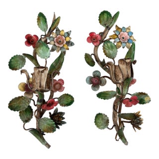 French Small Pair of Wrought Iron Flowers Sconces For Sale