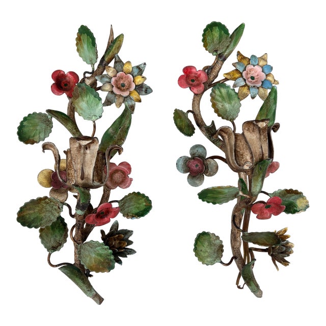 French Small Pair of Wrought Iron Flowers Sconces For Sale