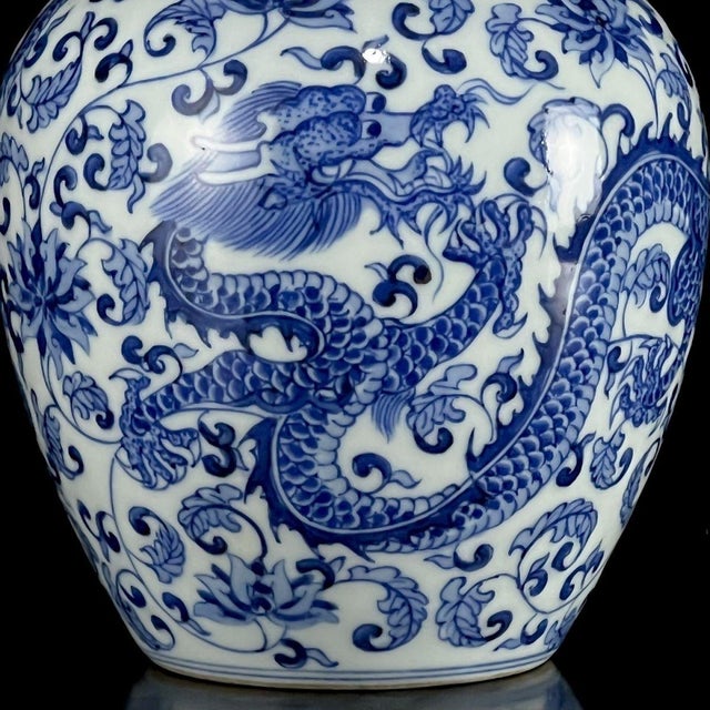 Vintage Blue & White Porcelain Lidded Jar With Dragon & Floral Motif For Sale - Image 9 of 9
