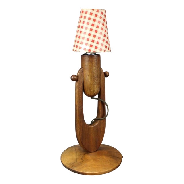 Mid-Century Adjustable Wooden Table Lamp with Checkered Shade, Czechoslovakia, 1, 1970 For Sale