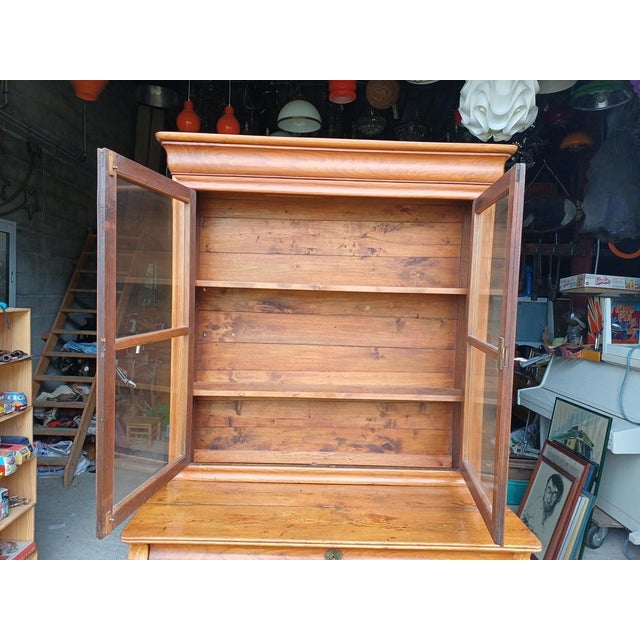 19th Century Fruitwood Chest of Drawers with Glass Doors, Storage, Drawers, Total Height: 226 cm, Chest: 99 cm, Length and...