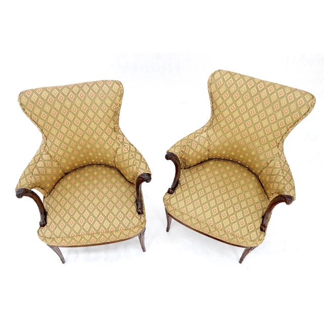 Baker Furniture Company Pair of Antique Carved Mahogany Upholstered Fireside Arm Chairs For Sale - Image 4 of 13