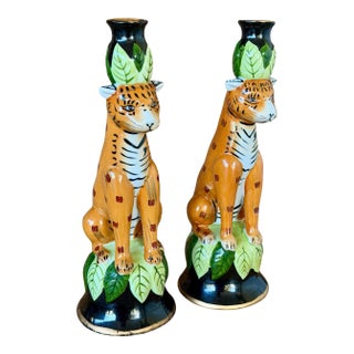 Vintage Regency Leopard Figural Ceramic Candlestick Holders Manner of Lynn Chase-Pair For Sale