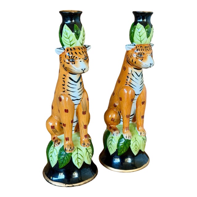 Vintage Regency Leopard Figural Ceramic Candlestick Holders Manner of Lynn Chase-Pair For Sale