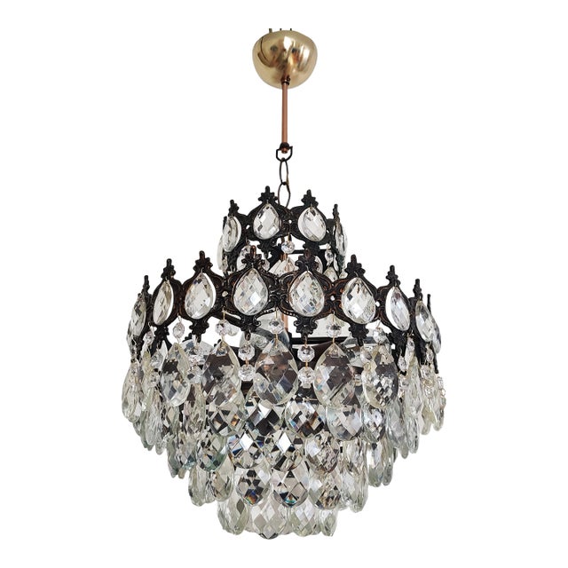 Antique Brass Crystal Basket Chandelier For Sale