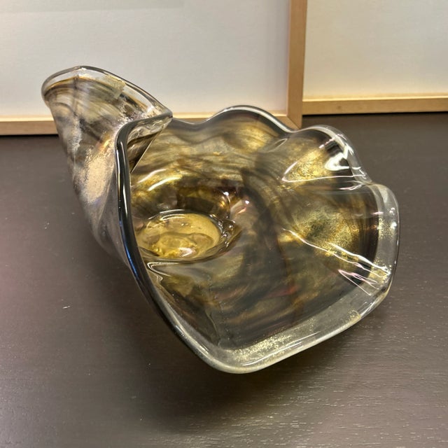 Gold Brown and Copper Color Blown Art Glass Pinched Rim Bowl For Sale - Image 4 of 11