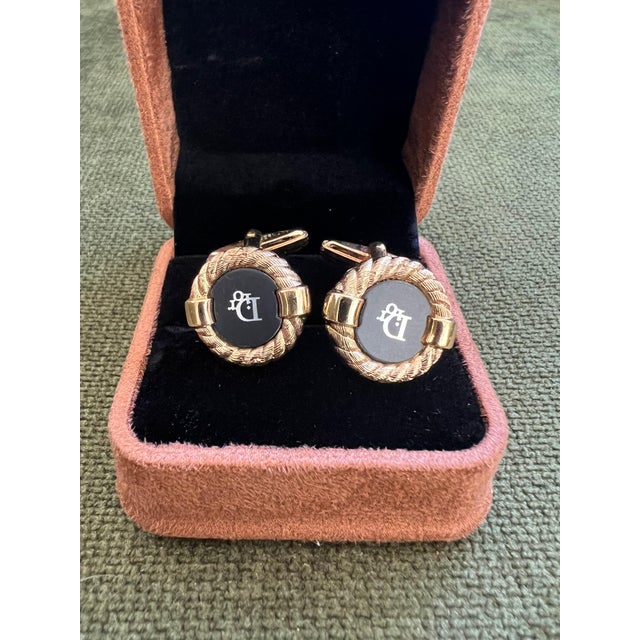 Rare Gold Plated & Onyx Vintage Art Deco Christian Dior Cufflinks In Lux Case For Sale - Image 4 of 9