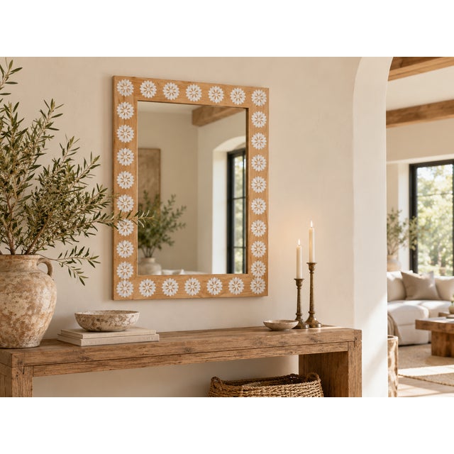 Showing clean contemporary lines contrasting with reclaimed teak and handmade inlay work. This beautiful boho modern...