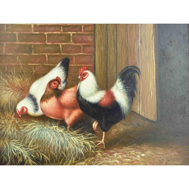 This charming mid-century oil painting by renowned German animalier Heinz Hoppe (b. 1914) captures a lively farmyard scene...