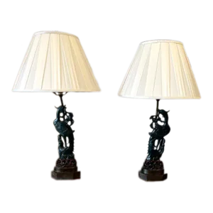 Pair of 19th Century Jade Phoenix Figures Mounted as Lamps