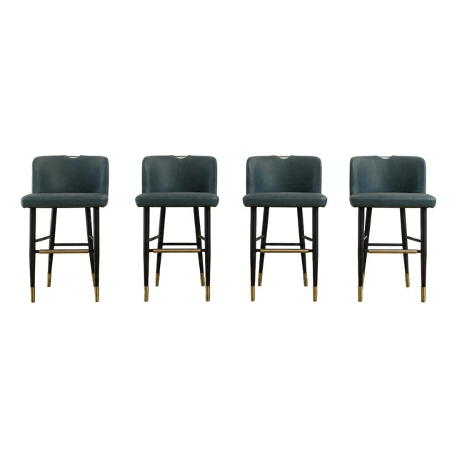 Set of 4 Superior Seating Hospitality Teal Kravet Vinyl Barstools For Sale