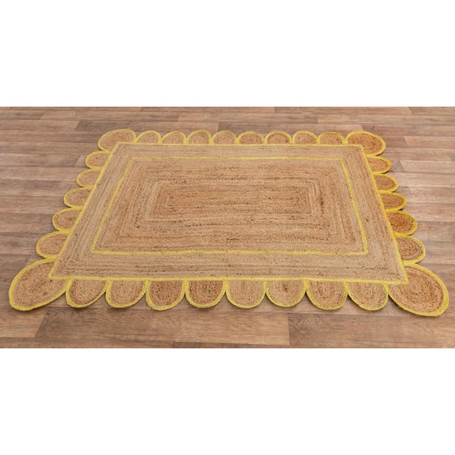 Yellow 2.6'x5' Yellow Trim Jute Scallop Braided Hand Made Bohemian Rug For Sale - Image 8 of 13