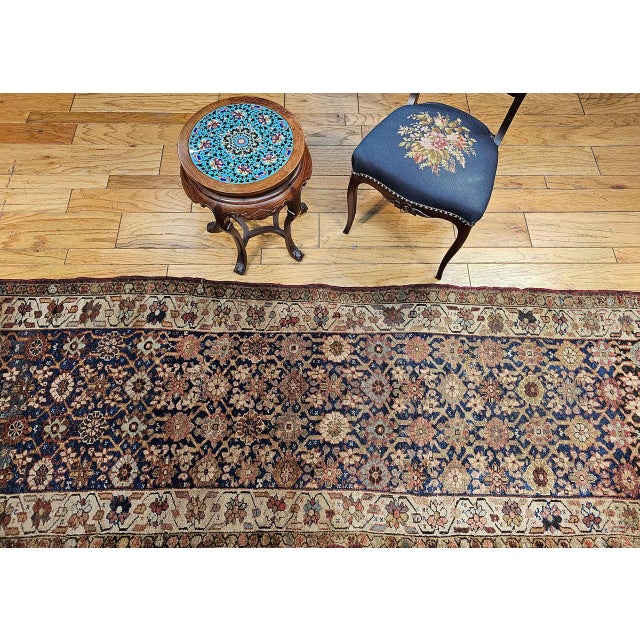 19th Century 19th Century Kurdish Bidjar Runner Rug, Hand-Knotted Wool, All Over Geometric Pattern, Blue & Ivory, 4x8 For Sale - Image 5 of 14
