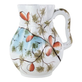 Rustic Hand-Painted Porcelain Pitcher With Autumnal Orange Petals For Sale