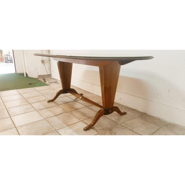 Dining Table in Brass and Wood with Decorated Glass Top For Sale - Image 15 of 18