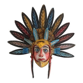 Vintage Ixcateopan Cuauhtemoc Folk Art Dance Mask, Hand Carved Mexican, 24x24" For Sale
