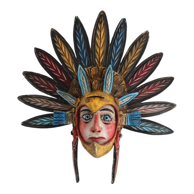 Vintage Ixcateopan Cuauhtemoc Folk Art Dance Mask, Hand Carved Mexican, 24x24" For Sale