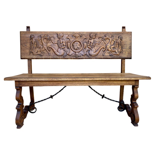 Spanish Renaissance Carved Oak Bench Banquette Escaño, 1890s For Sale - Image 15 of 18