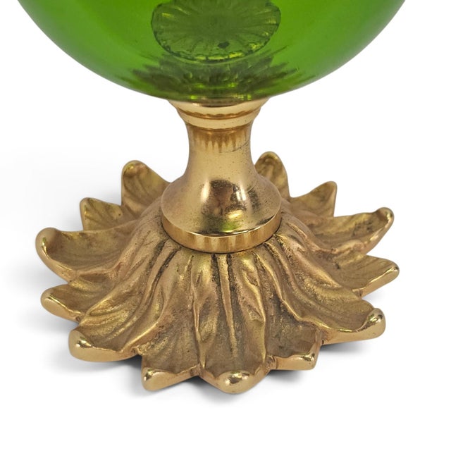 Glass Lime Green Art Glass Vase With Gilded Floral Pedestal, Neoclassical Revival For Sale - Image 7 of 8