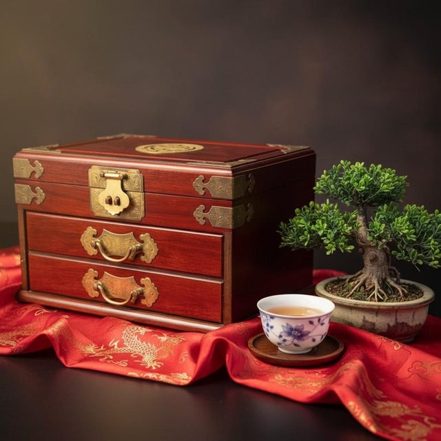 Elegant Chinese rosewood jewelry box with richly toned wood and traditional brass fittings, including engraved corner...