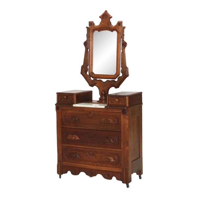 Antique Victorian Carved Walnut Marble Top Dresser With Mirror Circa 1890 For Sale