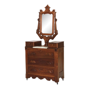 Antique Victorian Carved Walnut Marble Top Dresser With Mirror Circa 1890