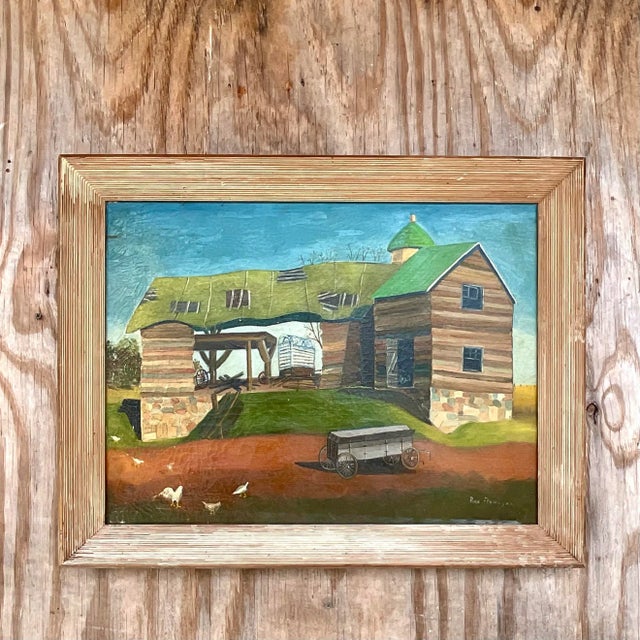 Wood Vintage Signed American Folk Art Farm Landscape Oil Painting For Sale - Image 7 of 13