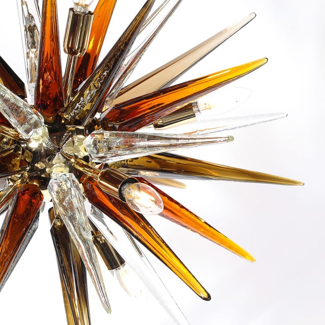 Amber Modernist Mixed Hand-Blown Murano Glass Spike Form Sputnik Chandelier W/ Brass For Sale - Image 8 of 18