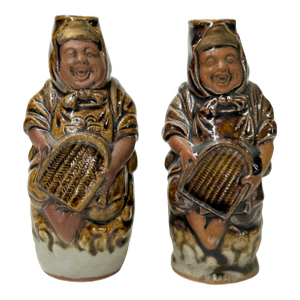 Pair Ceramic Handmade Brown Cheerful Basket Holding Jovial Figure Vases
