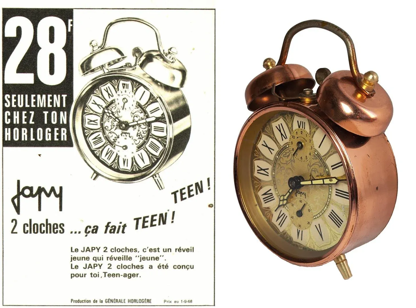 1968 Japy French Vintage Mechanical Wind-Up Alarm Clock 2 Bells