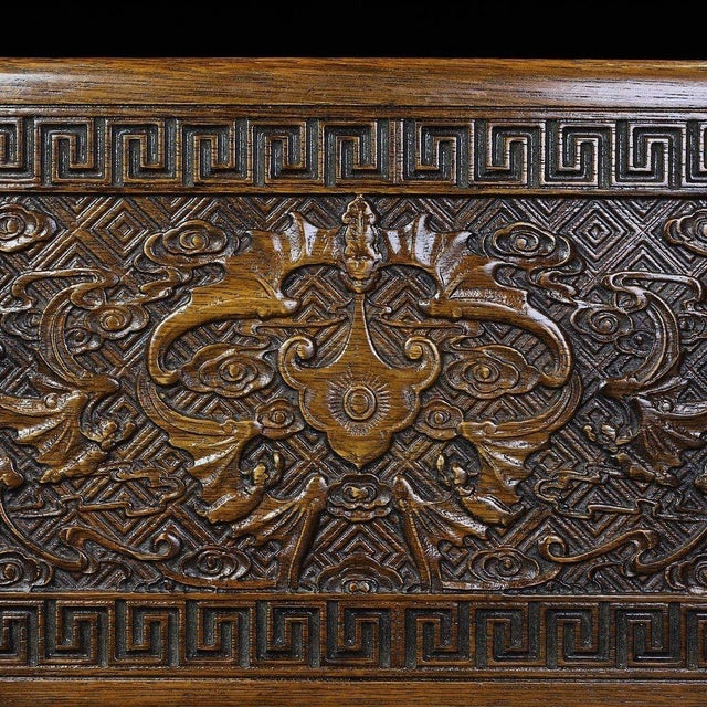 Hand-Carved Wooden Treasure Box With Brass Hardware & Dragon Motif For Sale In Los Angeles - Image 6 of 9