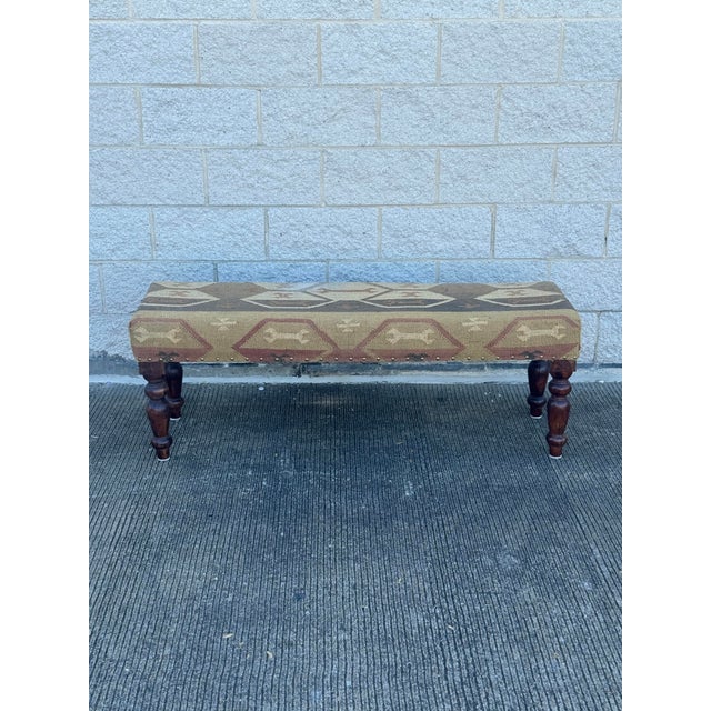 Wood Mid 20th Century Upholstered Bench With Kilim Style Fabric and Turned Wood Legs For Sale - Image 7 of 12