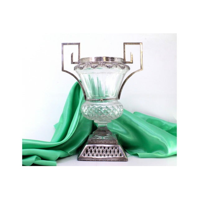 Cut Glass Vase with Silver Structure and Applications on Square Cut-Out Base, in Good conditions.