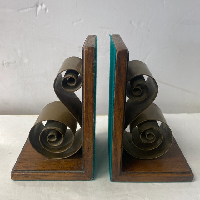 1940s Art Deco Style Bookends With Brass Metal Scroll Motif - a Pair For Sale - Image 9 of 9