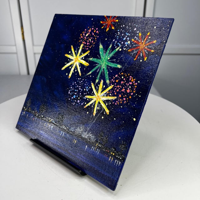 Celebrate 2 Fireworks Acrylic Painting 8"x8" Celebration Theme Wall Art Unframed For Sale - Image 6 of 7