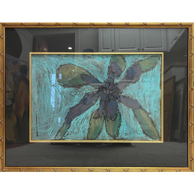 An expressionist painting of a blue azalea. Double framed under glass, and matted with black. This painting beautifully...
