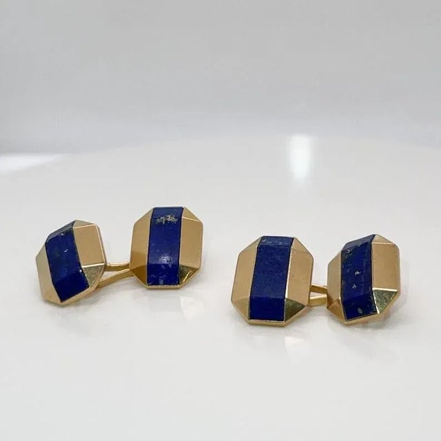 Early 20th Century Vintage Antique Boucheron Paris French Art Deco 18k Gold & Lapis Lazuli Cufflinks - 2 Pieces For Sale - Image 5 of 10