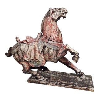 Large 38" Length Antique or Vintage Tang Style Chinese Horse Hand Carved Wood Statue Sculpture For Sale