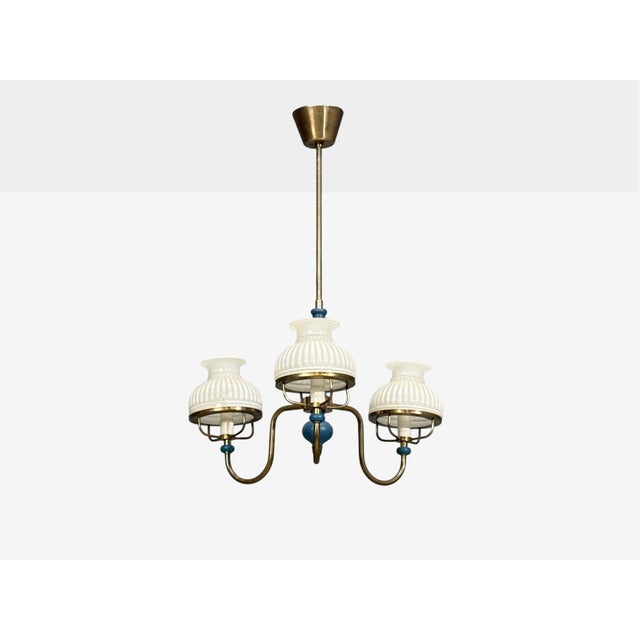 1940s Swedish Modern, Pendant Light, Blue Lacquered Wood, Glass, Brass For Sale - Image 4 of 12