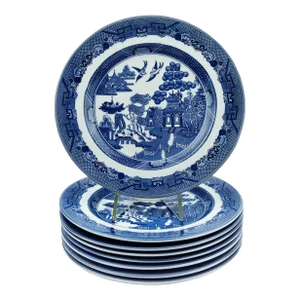 Late 20th Century Blue Willow Design Serving Salad Plates by Johnson Brothers- Set of 8