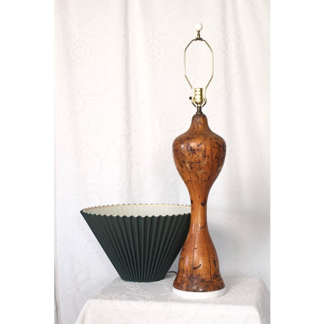 Wood 1960s Very Large Burlwood Lamp With Green Pleated Shade For Sale - Image 7 of 13