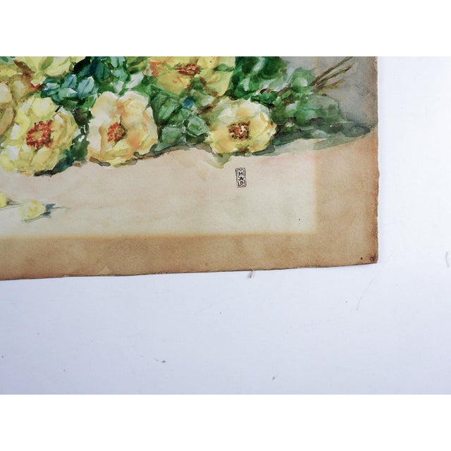 Vintage circa 1930's watercolor on tan paper of yellow roses. Signed HAD lower right. Unframed, dark age toning from...