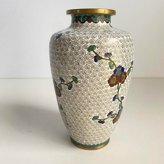 Metal Cloisonné Vase Asian Chinoiserie Style White Cherry Blossom Floral 6" Tall For Sale - Image 7 of 12