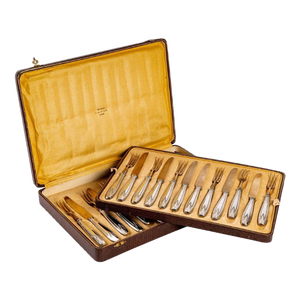 Large Art Deco Silver and Gilded Metal Fruit Cutlery from Maison Moreau Set of 12