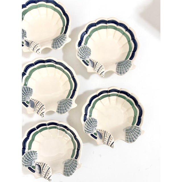 Blue Vintage Coastal Shell Dishes Nautical Appetizer Plates, Blue Green Scallop Edge Seafood Serveware - Set of 8 For Sale - Image 8 of 10