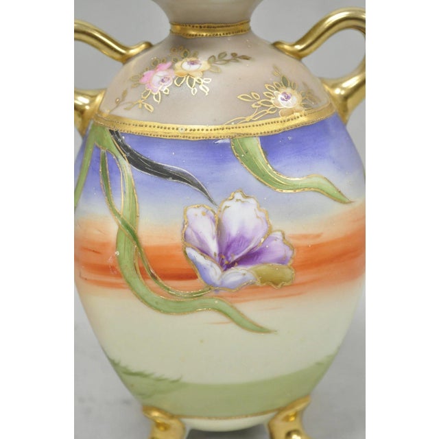 Antique Nippon Moriage Hand Painted Porcelain Purple Iris & Gold Gilt Vase Pair For Sale - Image 13 of 18