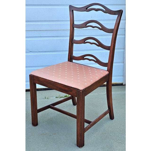 Mid 20th Century Pair of Mid 20th Century Chippendale Style Pierced Ladder Back Mahogany and Pink Upholstered Side Chairs For Sale - Image 5 of 12